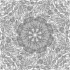 Square black and white hand drawn outline vector mandala colouring page for children, adults. Zentangle line art for meditation. Monochromic yoga print with plenty of details. EPS10, editable. 