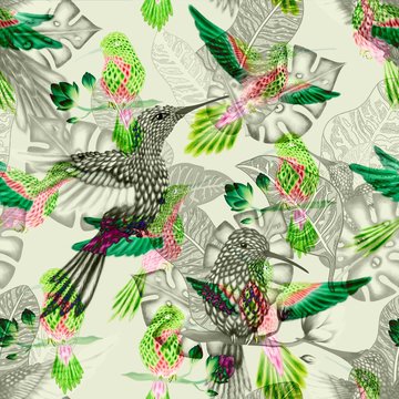 Seamless pattern in the chinoiserie style with hummingbird and leaves. Great for wedding, wallpaper and fabric.