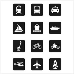 Transport icons. Airplane, Public bus, Train, Ship/Ferry and auto signs. Shipping delivery symbol. Air mail delivery sign. Vector