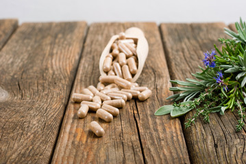herbal plants and medicine capsules on old wooden