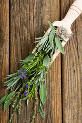 herbal plants and medicine capsules on old wooden