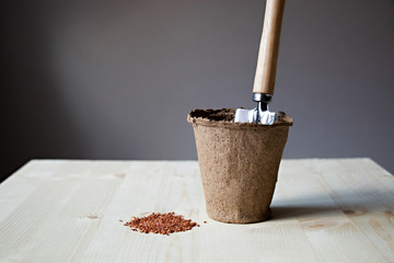 Peat pot with soil and spatula, next to seeds with copy space. The concept of planting