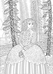 Coloring book for adults with the beautiful medieval lady standing in the coniferous forest
