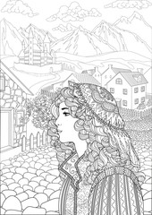 Coloring book for adults with beautiful medieval princess dressed in historical outfit stading in the cute village and beautiful castle in the background
