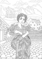 Coloring book for adults with beautiful princess dressed in historical outfit in the empire style stading in the cute village and beautiful castle