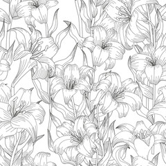 Seamless pattern with beautiful garden flowers - lilies. Coloring page with botanic objects for wrapping paper, cover of coloring book or textile design. Vector illustration