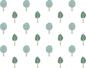 Seamless pattern of hand-drawn ornamental trees stylized in Scandinavian style in green and yellow colors on a white background. Woody organic endless texture for wallpaper, textile, etc. Vector.