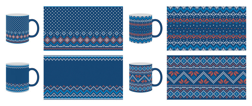 Knit seamless pattern. Christmas blue border texture. Vector. Knitted sweater with a print for cups, dishes, tableware design. Winter background. Festive fair isle frame. Illustration.