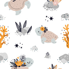 Seamless childish pattern with cute baby sea or ocean turtle animals. Children background. Creative kids texture for print, digital paper, textile, fabric,room decor, wrapping paper pattern