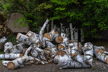 Birch chopped into logs stacked in a pile