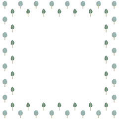 Fototapeta na wymiar Square frame from hand-drawn ornamental trees stylized in Scandinavian style in green and yellow colors on a white background. Isolated woody organic blank template for text. Banner, label. Vector.