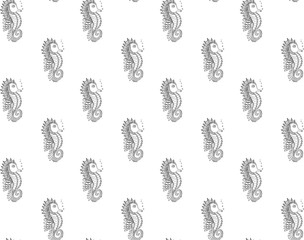 Seamless pattern of black contour hand-drawn seahorses with zentangle style bubbles on a white background. Endless texture from ornamental freshwater ray-finned fish. Vector.