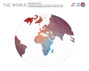 Polygonal world map. Modified stereographic projection for Europe and Africa of the world. Red Blue colored polygons. Creative vector illustration.