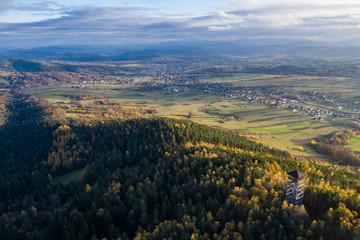 Iwkowa village country in Brzesko Poland. Polish mountains and hills aerial drone photo