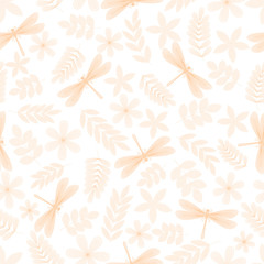 Dragonfly, leaves, flowers, twigs seamless pattern. Hand drawn doodle. Vector illustration on a white background. For fabrics, wrapping paper.
