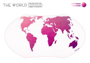 World map in polygonal style. Wagner VII projection of the world. Red Purple colored polygons. Elegant vector illustration.