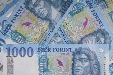 Stack of banknotes as background (Hungarian Forint) 1000 forint banknote King Mátyás. close up as a background. Europe Hungary. The all-seeing eye motif.