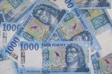 Stack of banknotes as background (Hungarian Forint) 1000 forint banknote King Mátyás. close up as a background. Europe Hungary. The all-seeing eye motif.