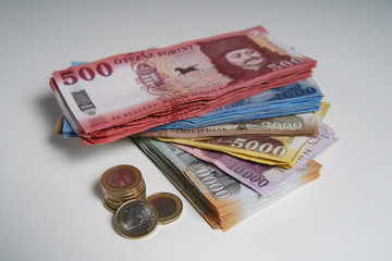 Various Hungarian forint banknotes and coins. Europe Hungary