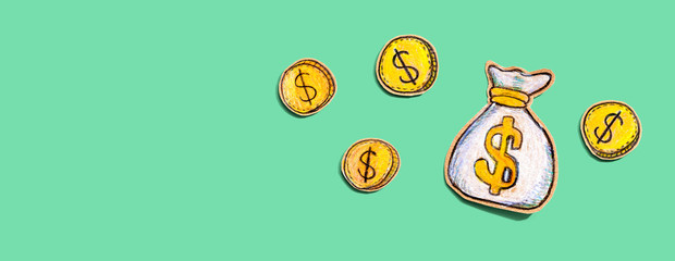 Money bag drawing - financial theme - flat lay