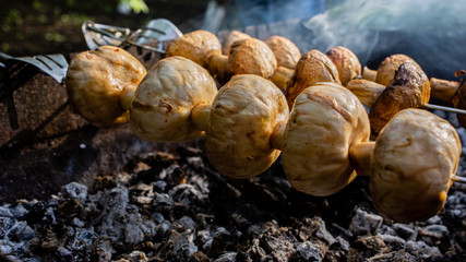 Yummy marinated mushrooms strung on skewers cooked on the grill. Marinated shashlik preparing on a barbecue grill over charcoal, fried to a golden crust.