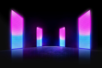 3d render, Futuristic night landscape with abstract landscape and island, moonlight, shine. Dark natural scene with reflection of light in the water, neon blue light. Dark neon circle background.