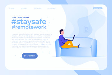 Man working on the sofa with laptop, coronavirus related illustration with covid19 related hashtags as stay safe and remote work