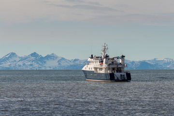 Super luxury yacht in Arctic sea near Longyearbyen, Svalbard archipelago