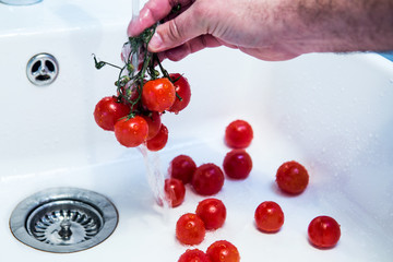 close-up of mans hand washing  tomatoes in sink