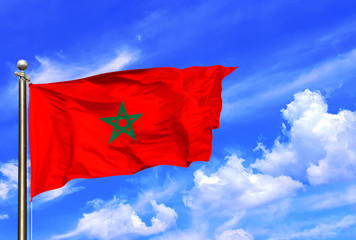 Morrocco Red And Green National Flag Waving In The Wind On A Beautiful Summer Blue Sky