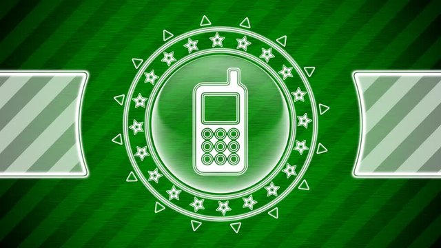 Mobile icon in circle shape and green striped background. Illustration.