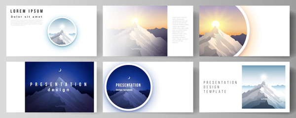 The minimalistic abstract vector illustration layout of the presentation slides design business templates. Mountain illustration, outdoor adventure. Travel concept background. Flat design vector.