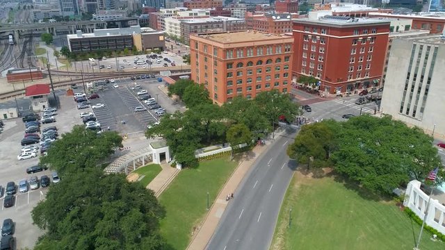 The Kennedy Dealey Plaza Memorial and Downtown Main Street Drone Video Dallas Texas USA