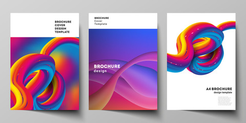 Vector layout of A4 format modern cover mockups design templates for brochure, magazine, flyer, booklet. Futuristic technology design, colorful backgrounds with fluid gradient shapes composition.
