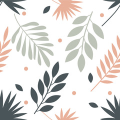 Tropic pattern with palm tree. Grey, pink  and green leaves. Palm leaf background. Vector floral seamless pattern.