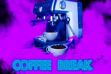 Neon sign effect with a coffee machine maker and coffee bean cups - concept for a coffee break.