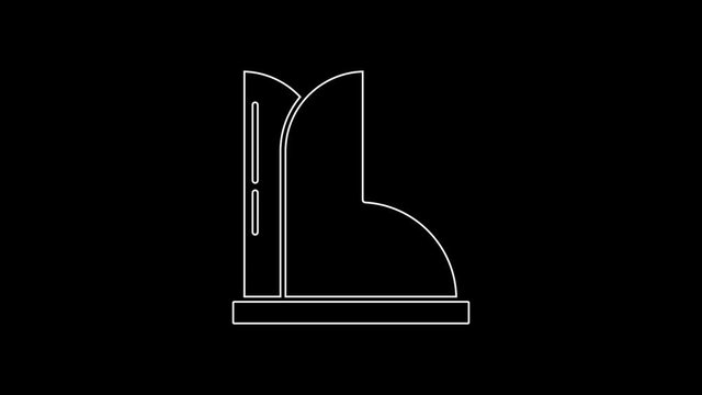 White line Waterproof rubber boot icon isolated on black background. Gumboots for rainy weather, fishing, gardening. 4K Video motion graphic animation