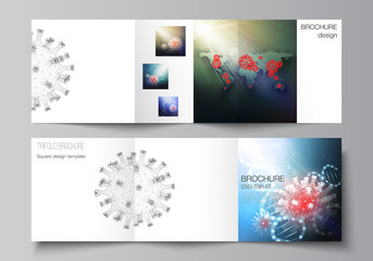 Vector layout of square covers templates for trifold brochure, flyer, cover design, book design, brochure cover. 3d medical background of corona virus. Covid 19, coronavirus infection. Virus concept.