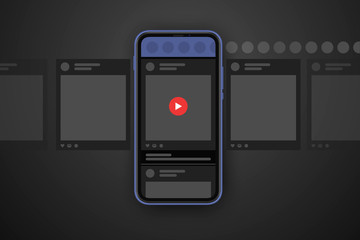 Video post carousel dark theme. Cellphone screens carousel in black mode. Social network interface