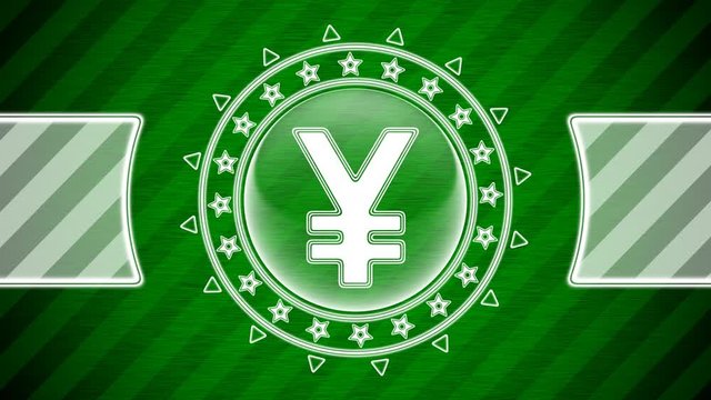 Yen icon in circle shape and green striped background. Illustration.