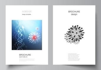 Fototapeta na wymiar Vector layout of A4 cover mockups templates for brochure, flyer layout, booklet, cover design, book design. 3d medical background of corona virus. Covid 19, coronavirus infection. Virus concept.