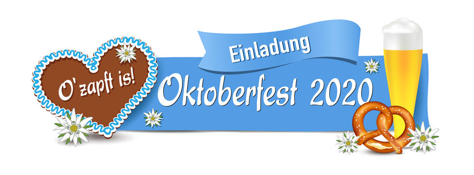 Oktoberfest 2020 Einladung Banner mit Schild,
Lebkuchen Herz, Bier, Brezel und Edelweiss, 
Vektor Illustration isoliert auf weißem Hintergrund
