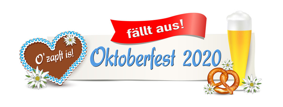 Oktoberfest 2020 „fällt aus“ Banner mit Schild,
Lebkuchen Herz, Bier, Brezel und Edelweiss, 
Vektor Illustration isoliert auf weißem Hintergrund
