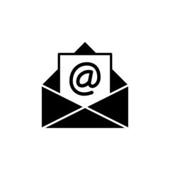 Outline email icon in black flat design on white background, Open envelope pictogram, mail symbol for website design, mobile application