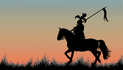 black silhouette of a medieval knight with a spear on a horse in a field, trotting, isolated image on the background of the dawn sky