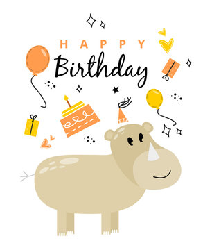 Illustration with a rhino and the inscription happy birhday. Greeting card with rhino, gift box and balloon. Happy birthday greeting card with rhino, presents and balloon.