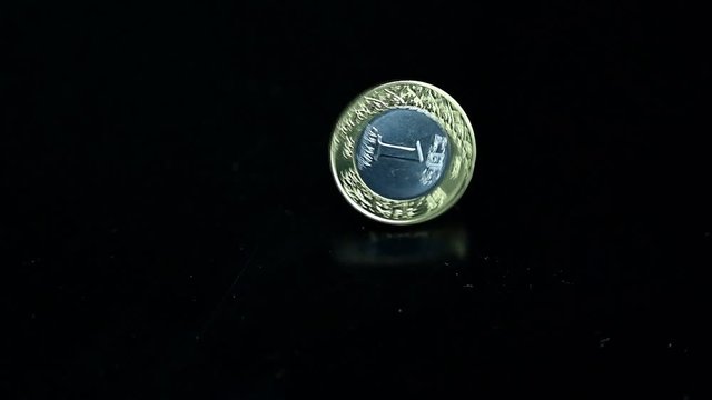 Saudi Riyal Coin Spinning on black reflector background in slow motion. Saudi Arabia Currency.