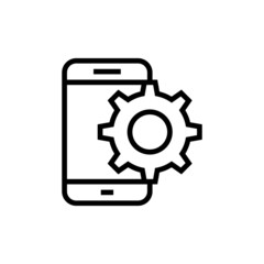 setting up applications on a mobile phone, icon, updating software icon in outline style on white background