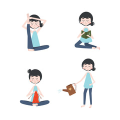 
Set of  women at home. Homework and hobbies. yoga, reading, flower care, knitting.  Clipart of isolated characters.