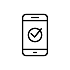 Payment approved icon, green checkmark on smartphone linear sign isolated  icon in linear style on white background